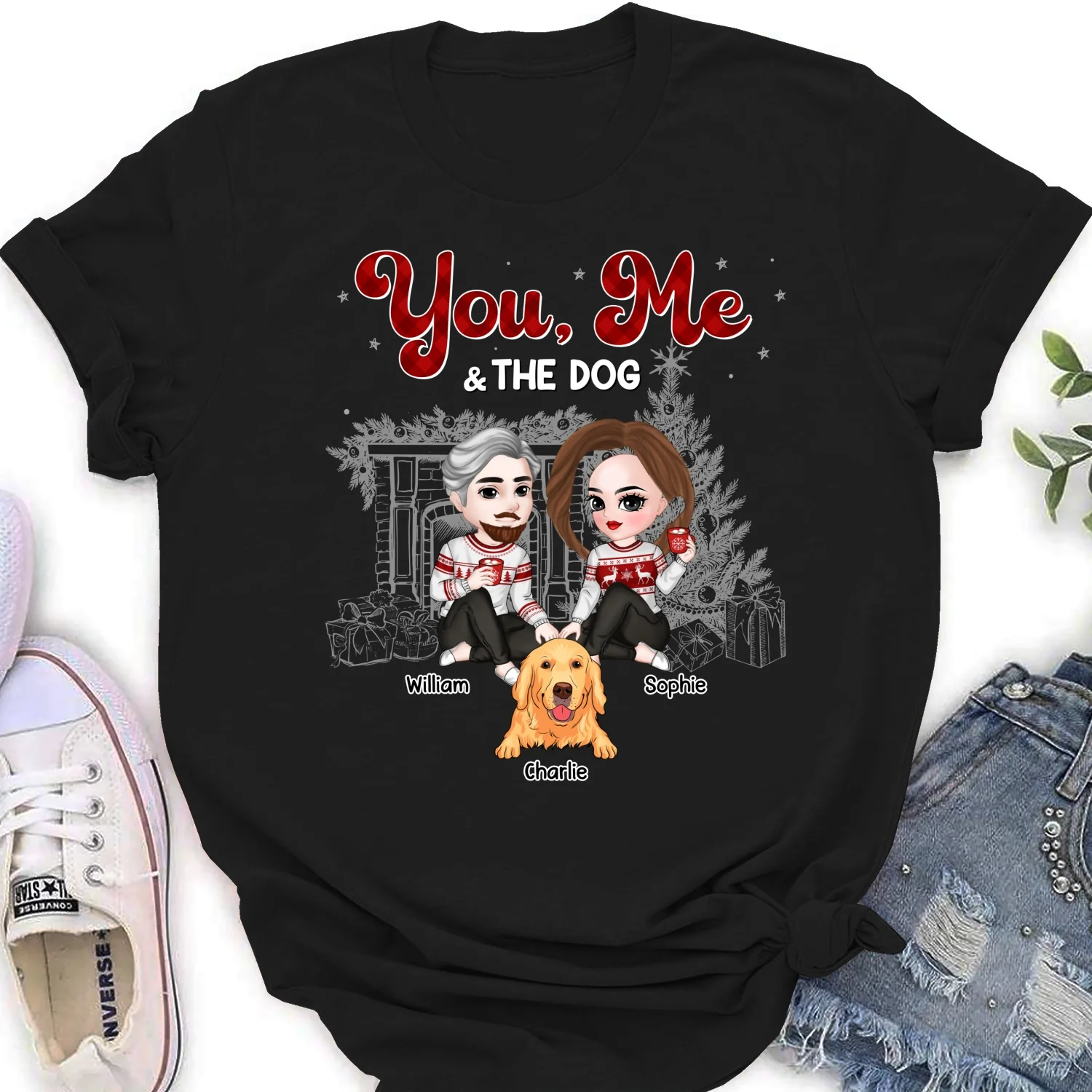 Couple And The Dogs Christmas - Personalized Custom Women's T-shirt - Image 6