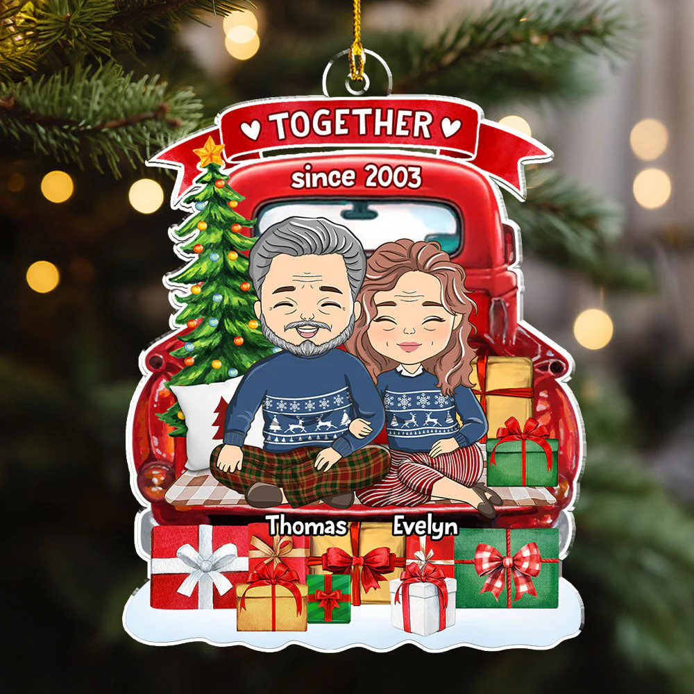 Couple Sit On Red Truck - Personalized Custom Acrylic Ornament - Image 2