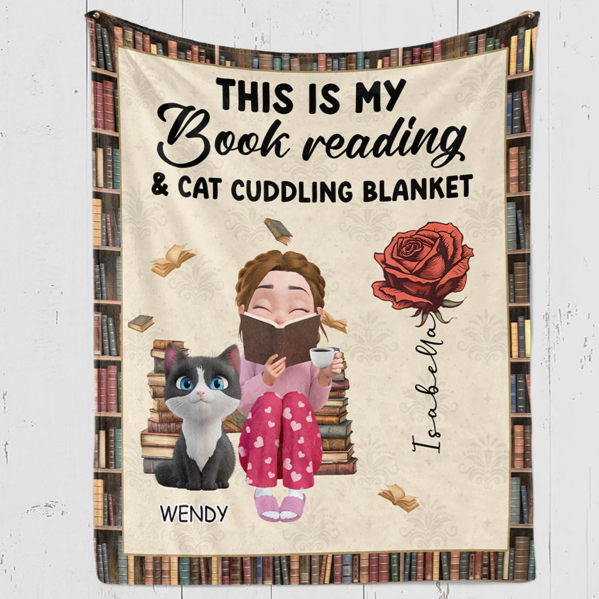 Cuddling With Cat In Books - Personalized Custom Fleece Blanket - Image 4