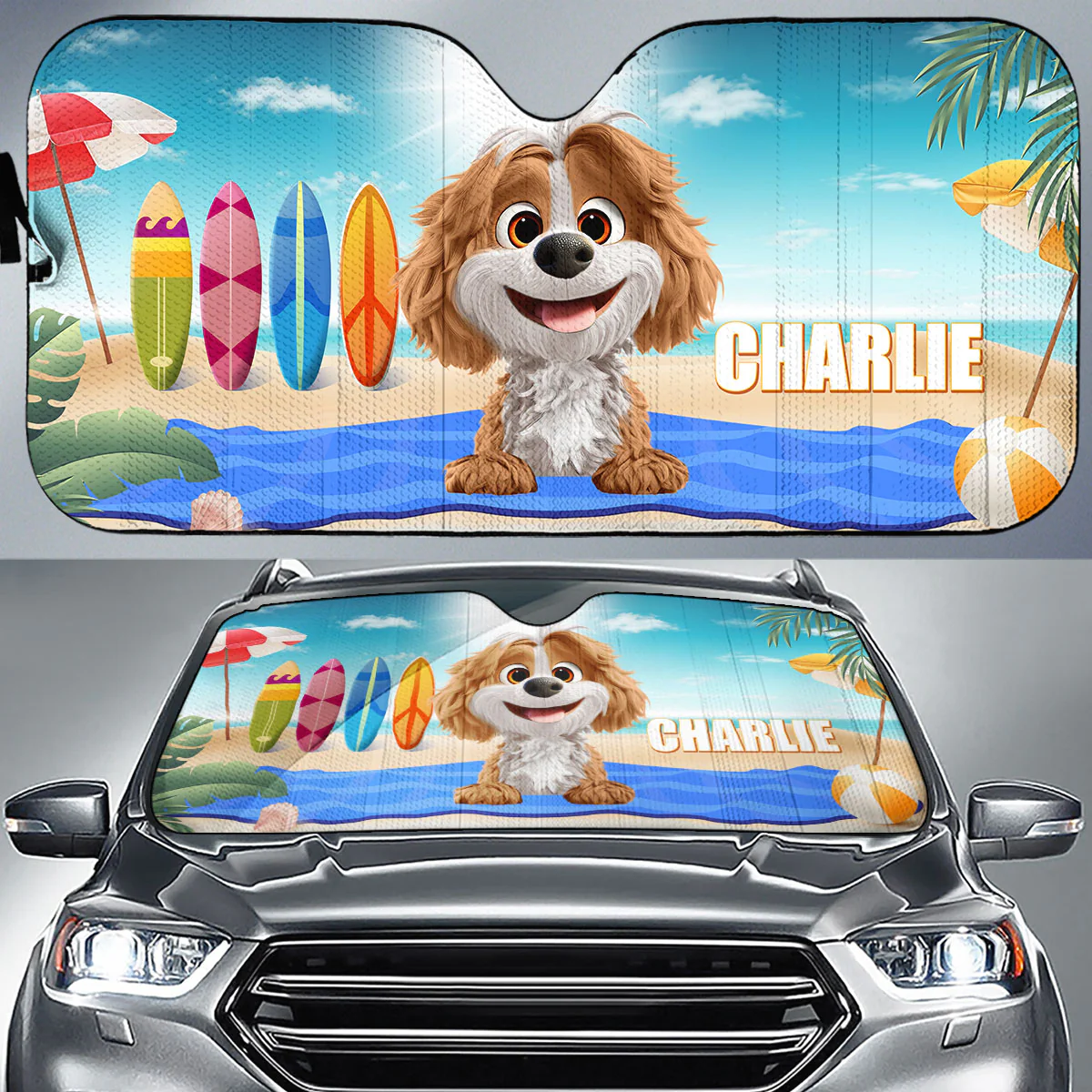 Dog And Beach - Personalized Custom Car Sunshade