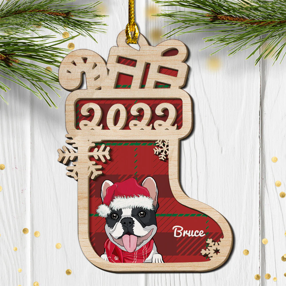 Dog Christmas Sock - Personalized Custom 2-layered Wood Ornament - Image 3