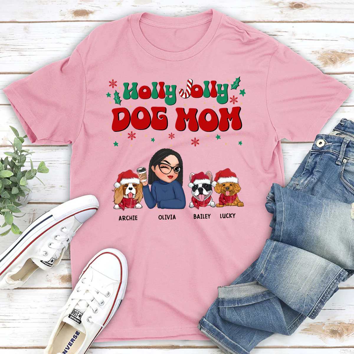 Dog Mom At Christmas - Personalized Custom Unisex T-shirt - Image 3
