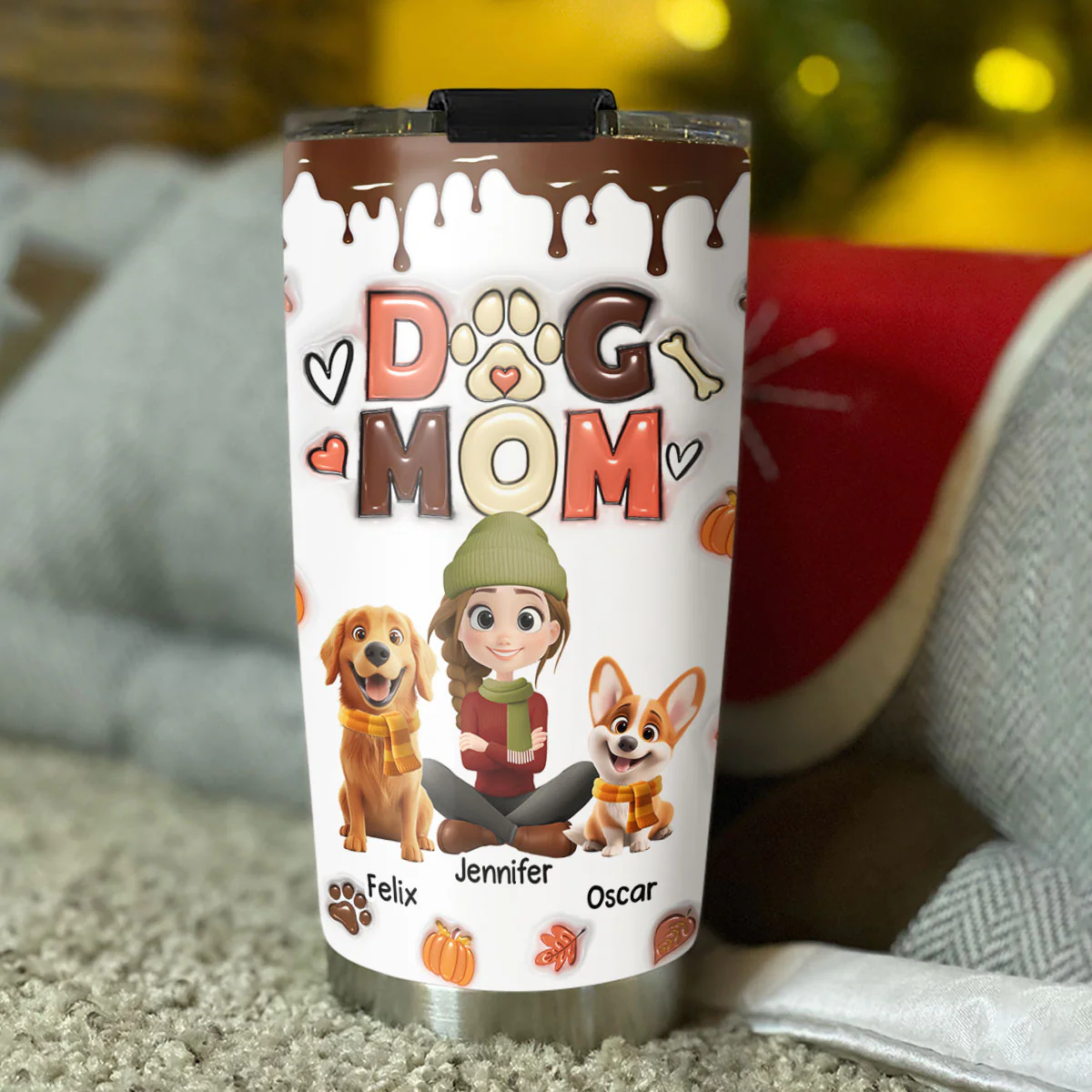 Dog Mom Autumn Cartoon Version - Personalized Custom 3D Inflated Effect Tumbler - Image 2
