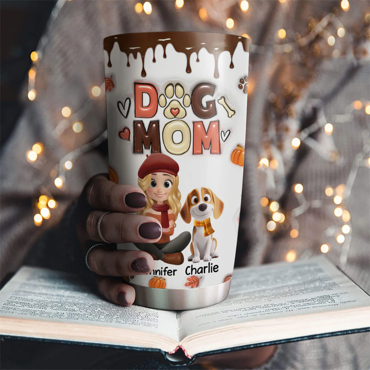 Dog Mom Autumn Cartoon Version - Personalized Custom 3D Inflated Effect Tumbler - Image 4