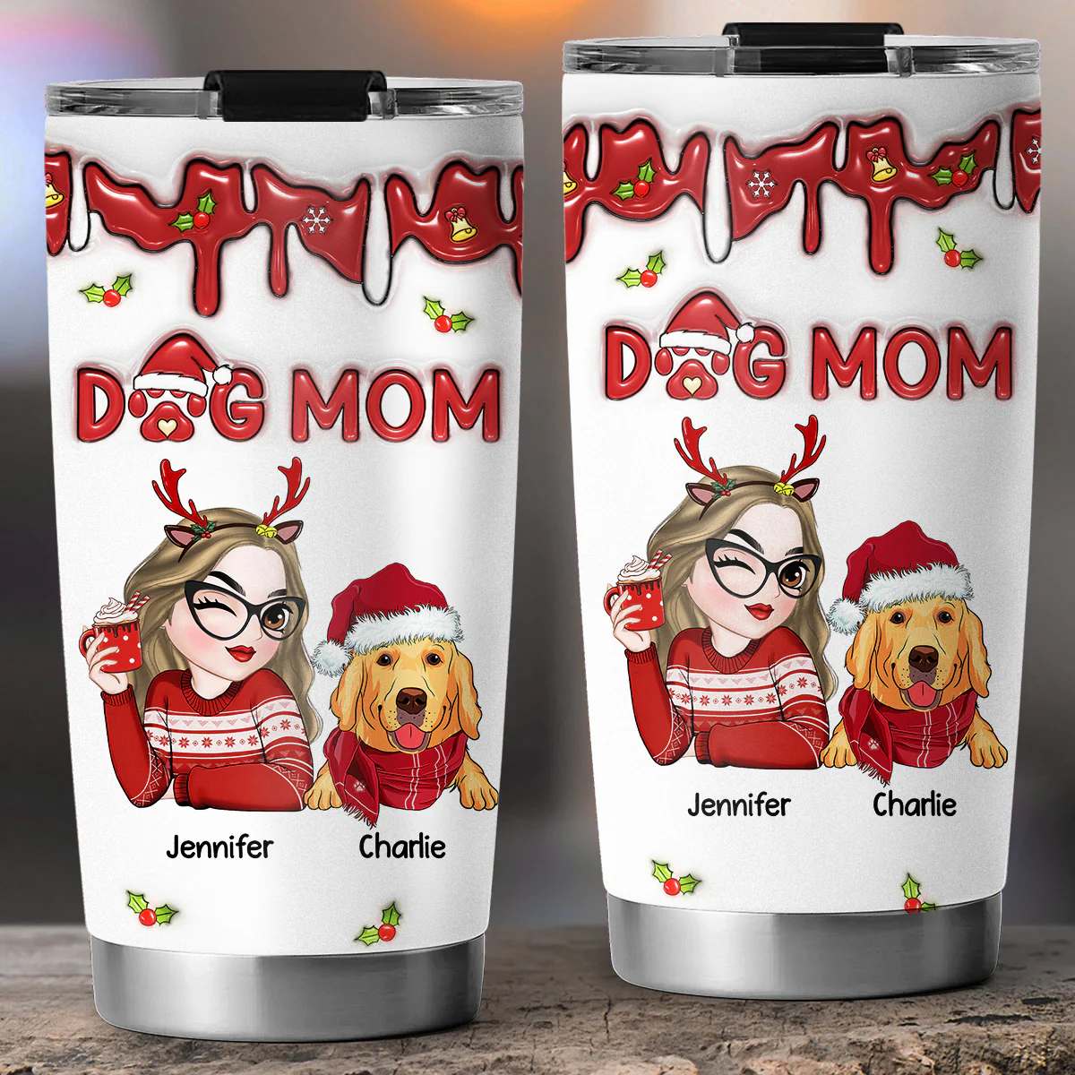 Dog Mom Christmas - Personalized Custom 3D Inflated Effect Tumbler - Image 4
