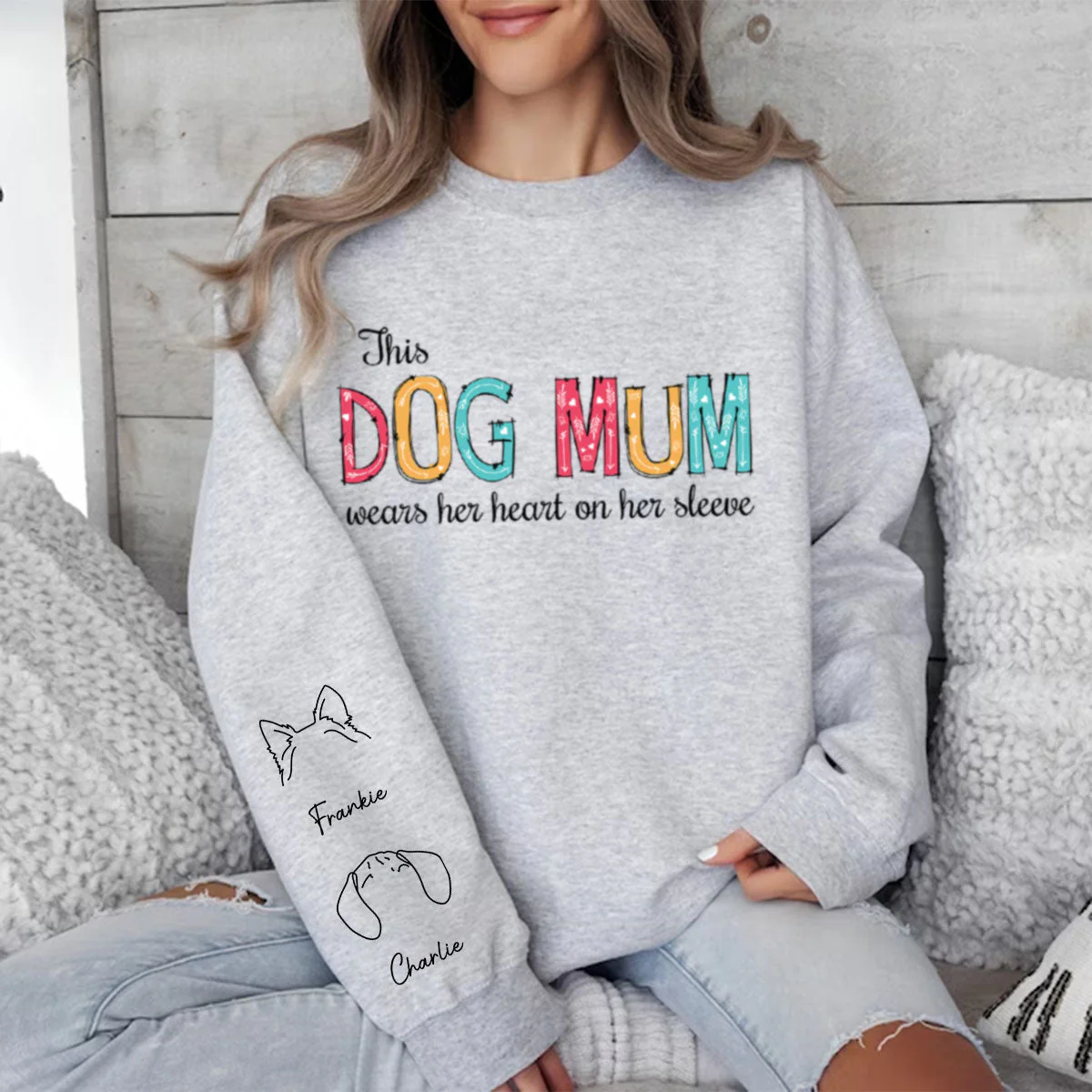 Dog Mom Dad Hearts On Sleeve - Personalized Custom Sweatshirt - Image 3