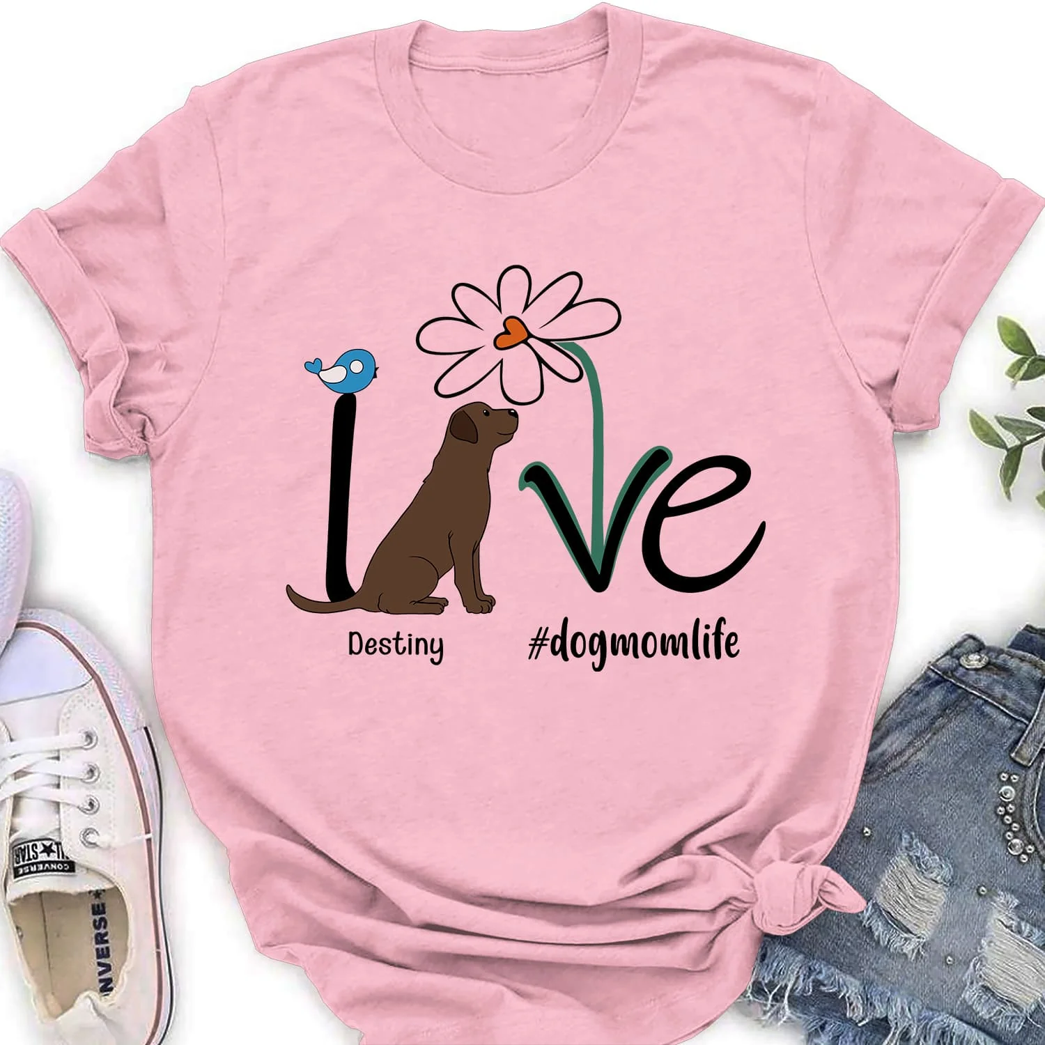Dog Mom Life Flower - Personalized Custom Women's T-shirt - Image 3