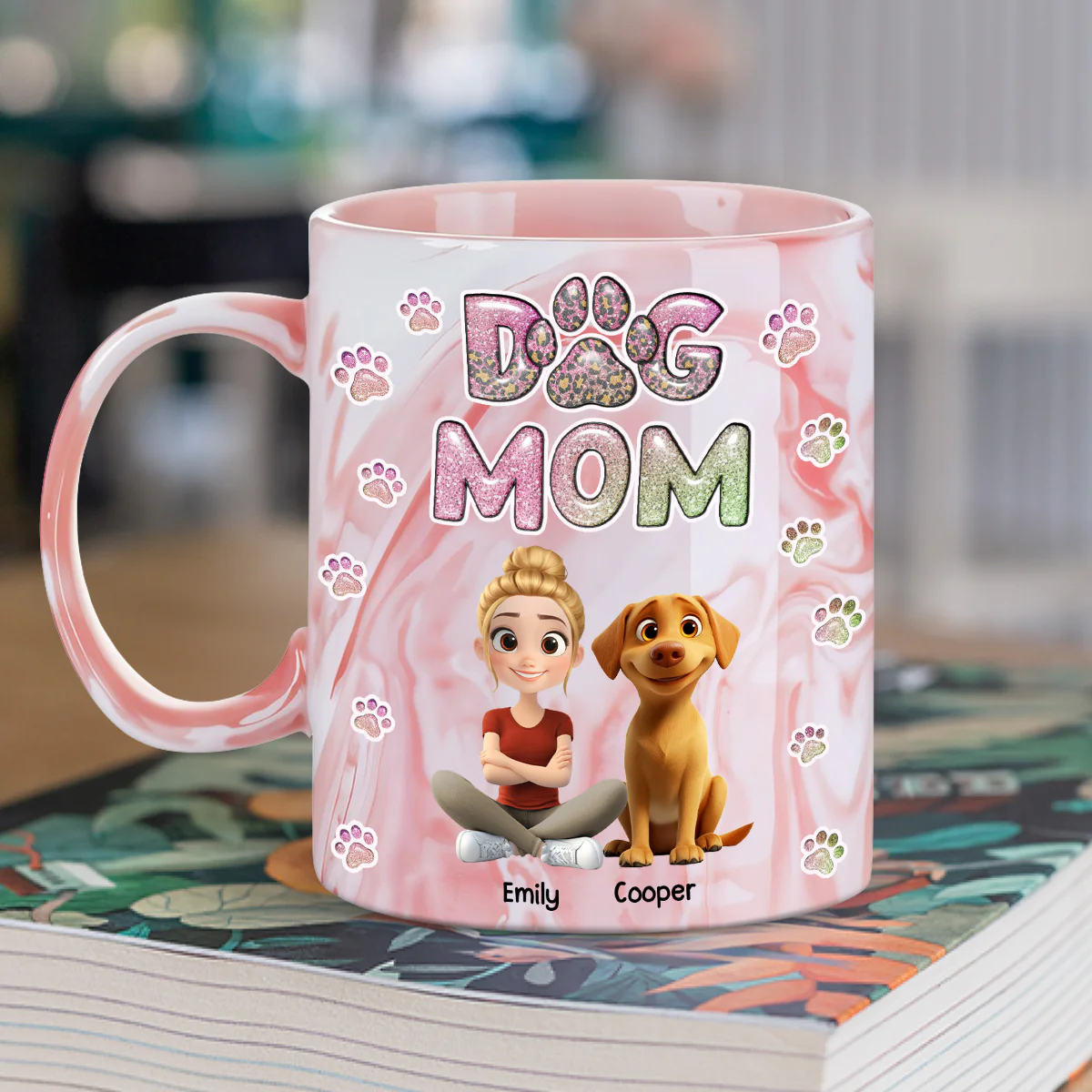 Dog Mom Lovely Chibi - Personalized Custom 3D Inflated Effect Pink Marble Mug - Image 2