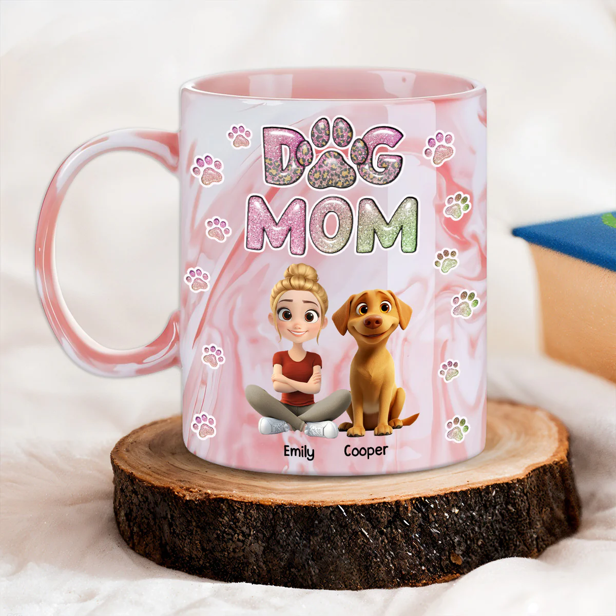 Dog Mom Lovely Chibi - Personalized Custom 3D Inflated Effect Pink Marble Mug - Image 3