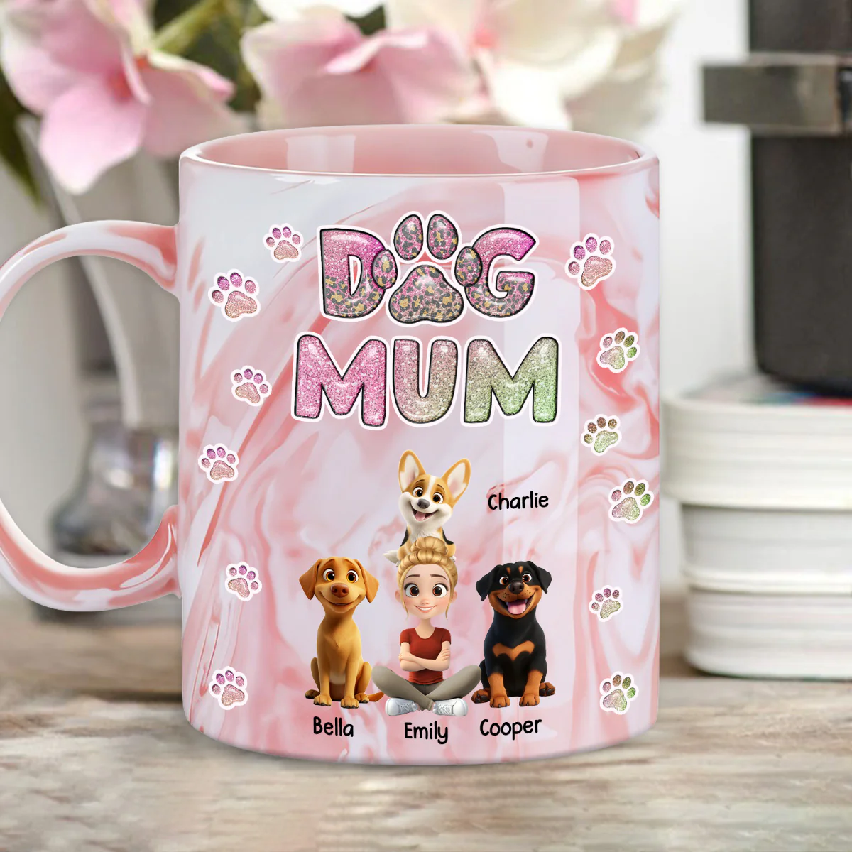 Dog Mom Lovely Chibi - Personalized Custom 3D Inflated Effect Pink Marble Mug - Image 5