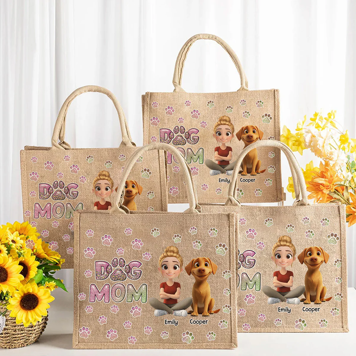 Dog Mom Lovely Chibi - Personalized Custom Jute Tote Bag - Image 3