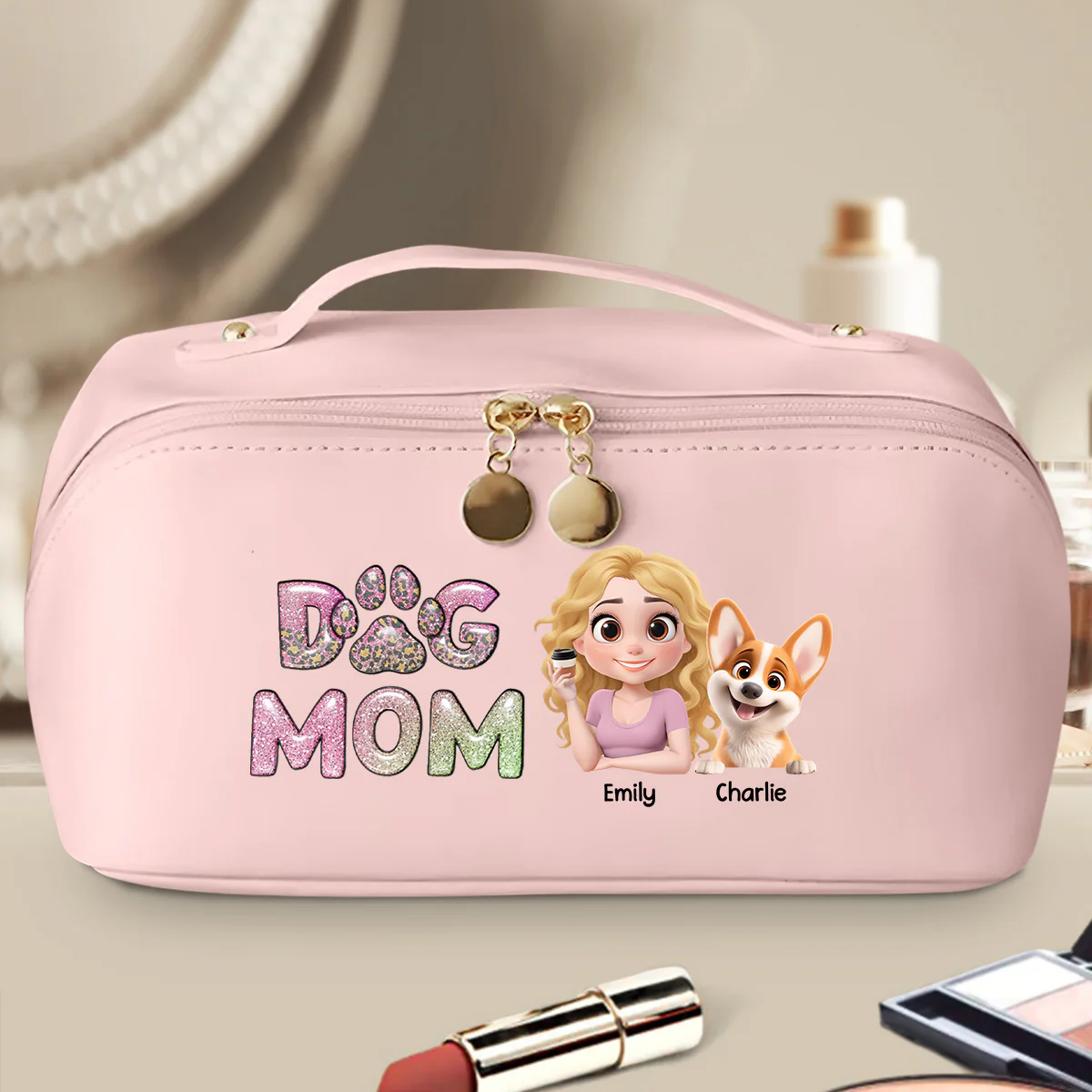 Dog Mom Lovely Chibi - Personalized Custom Leather Makeup Bag