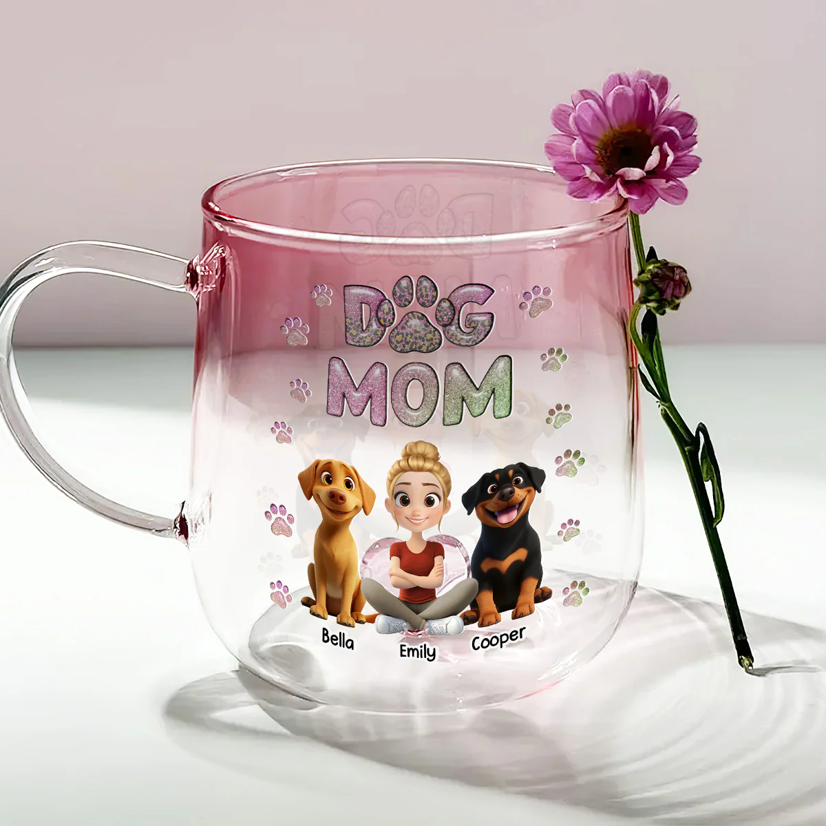 Dog Mom Lovely Chibi - Personalized Custom Pink Gradient Glass Mug - Image 3