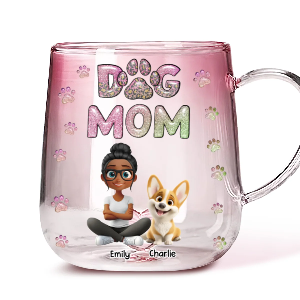 Dog Mom Lovely Chibi - Personalized Custom Pink Gradient Glass Mug - Image 6
