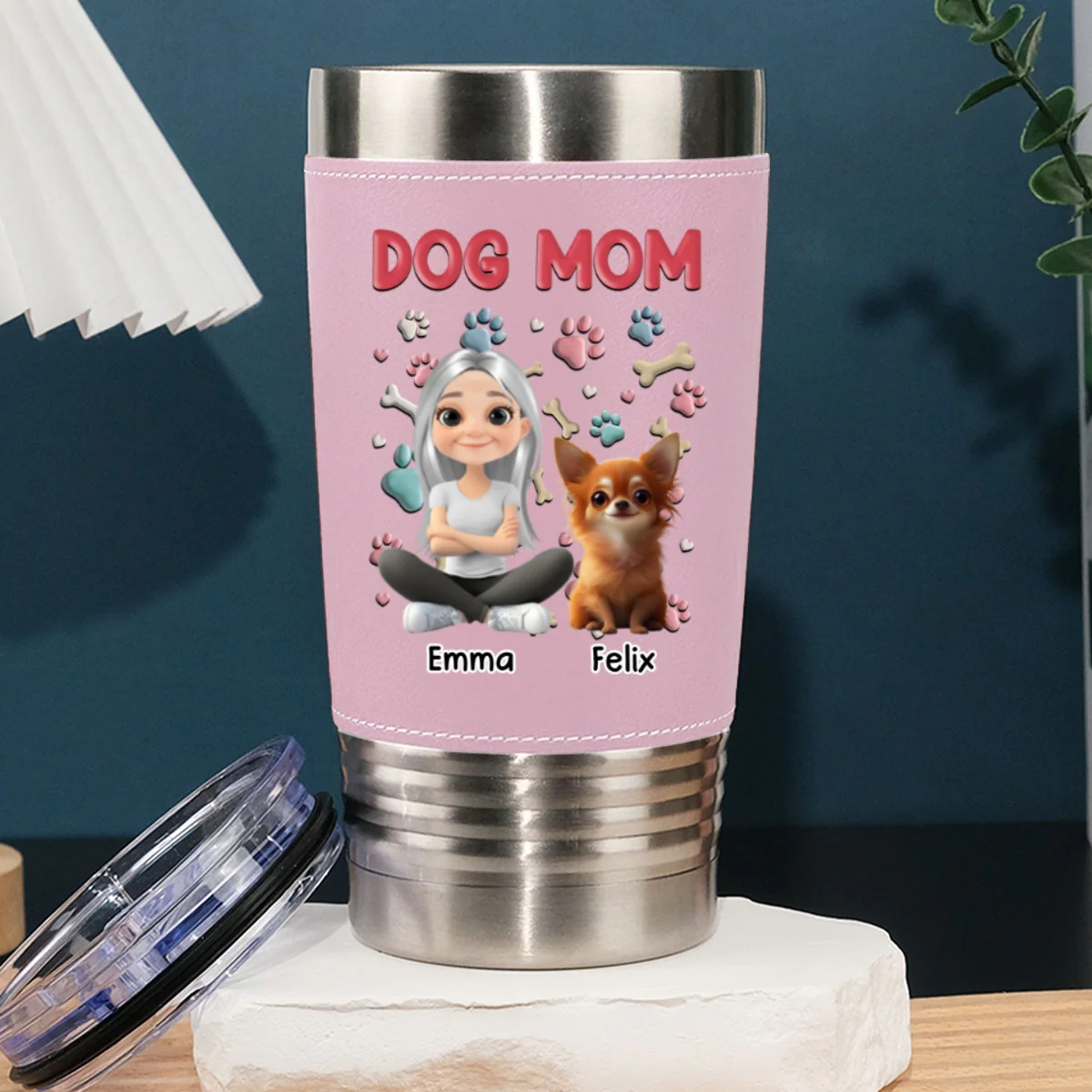 Dog Mom - Personalized Custom Pink Leather Tumbler - Image 6