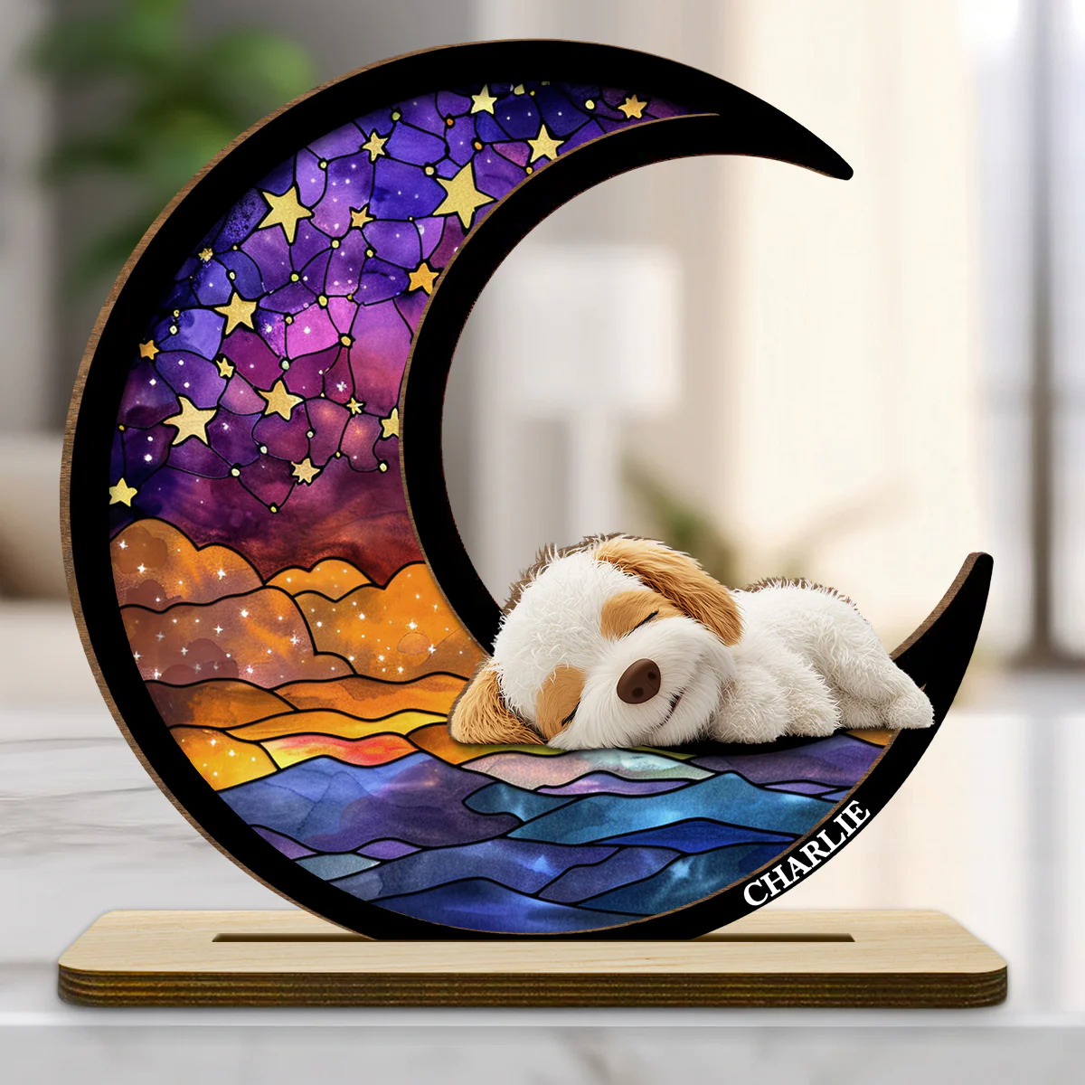 Dog On The Moon - Personalized Custom 2-Layer Wood Plaque With Flat Base