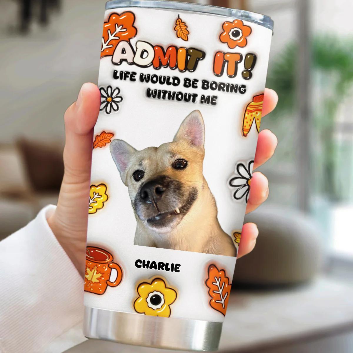 Dogs Hello Autumn Photo - Personalized Custom 3D Inflated Effect Tumbler - Image 2