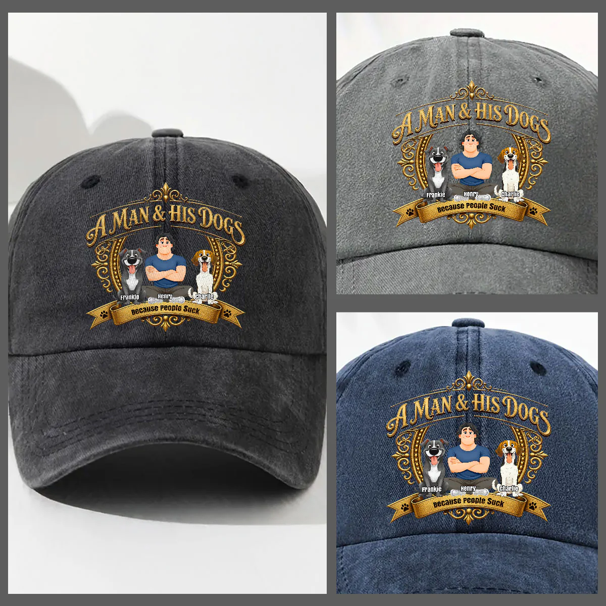 Dogs Over People - Personalized Custom Vintage Washed Denim Cap - Image 4