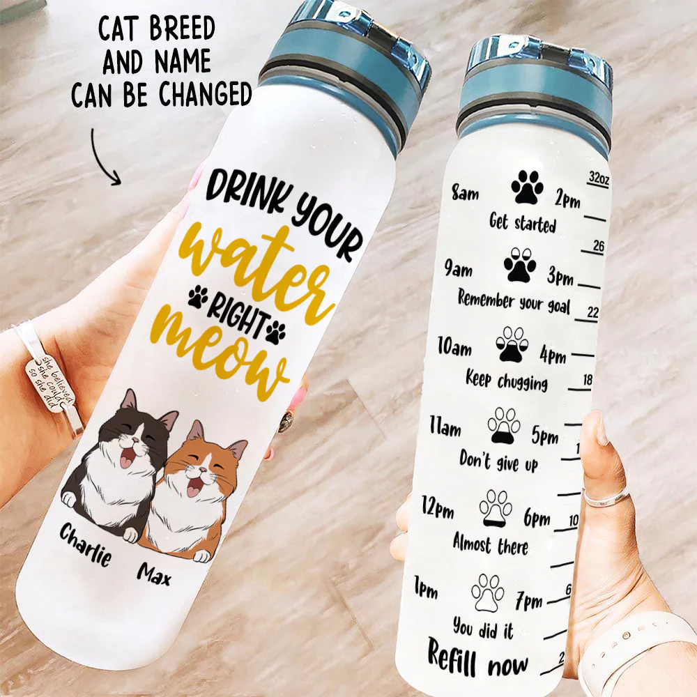 Drink Your Water Right Meow - Personalized Custom Water Tracker Bottle - Image 2
