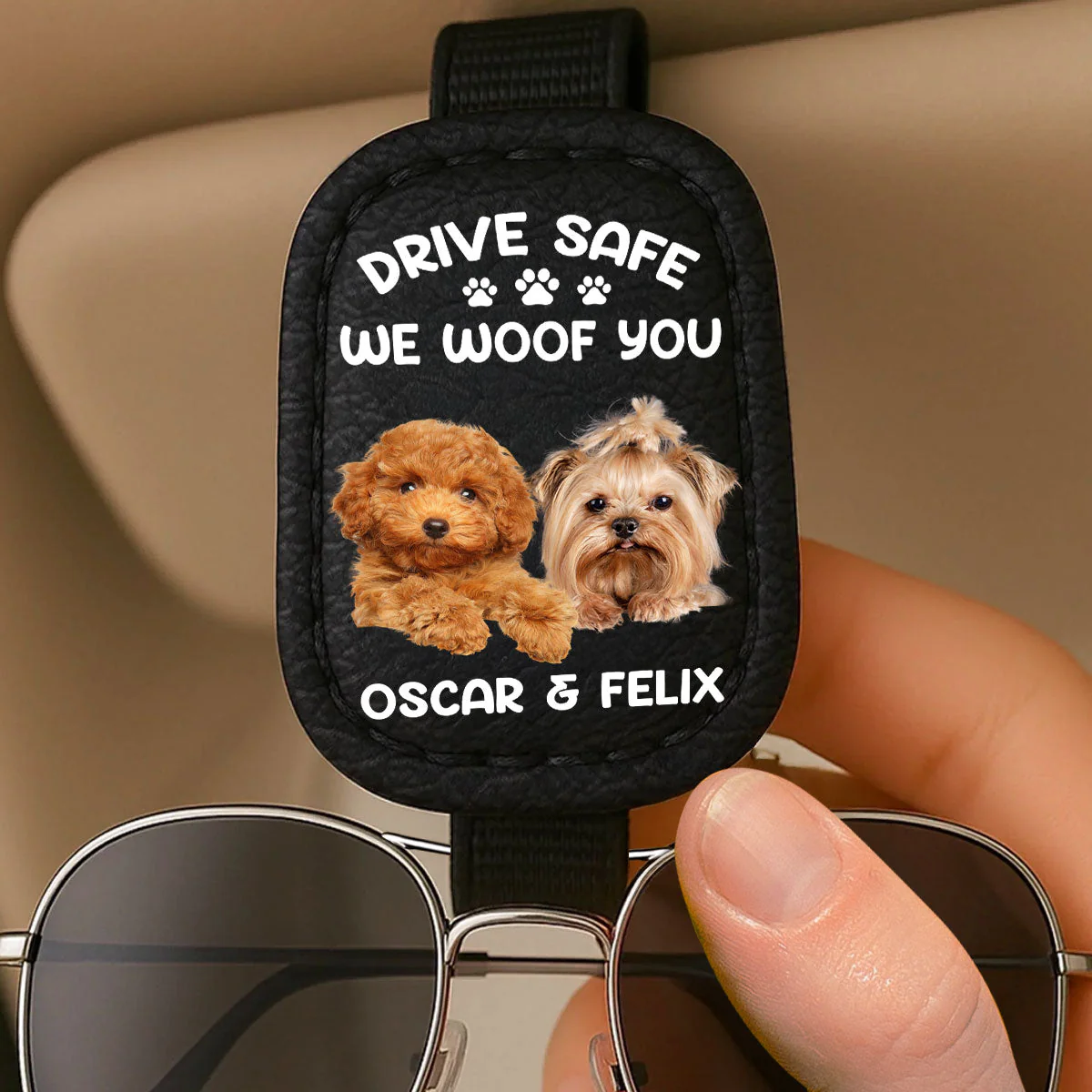 Drive Safe I Woof You Dog Dad - Personalized Custom Sunglasses Holder For Car Visor - Image 3