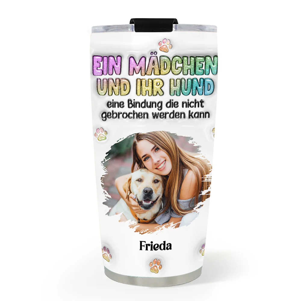 Ein Mädchen und ihr Hund Foto – Personalisierter 3D-Thermobecher mit aufblasbarem Effekt
