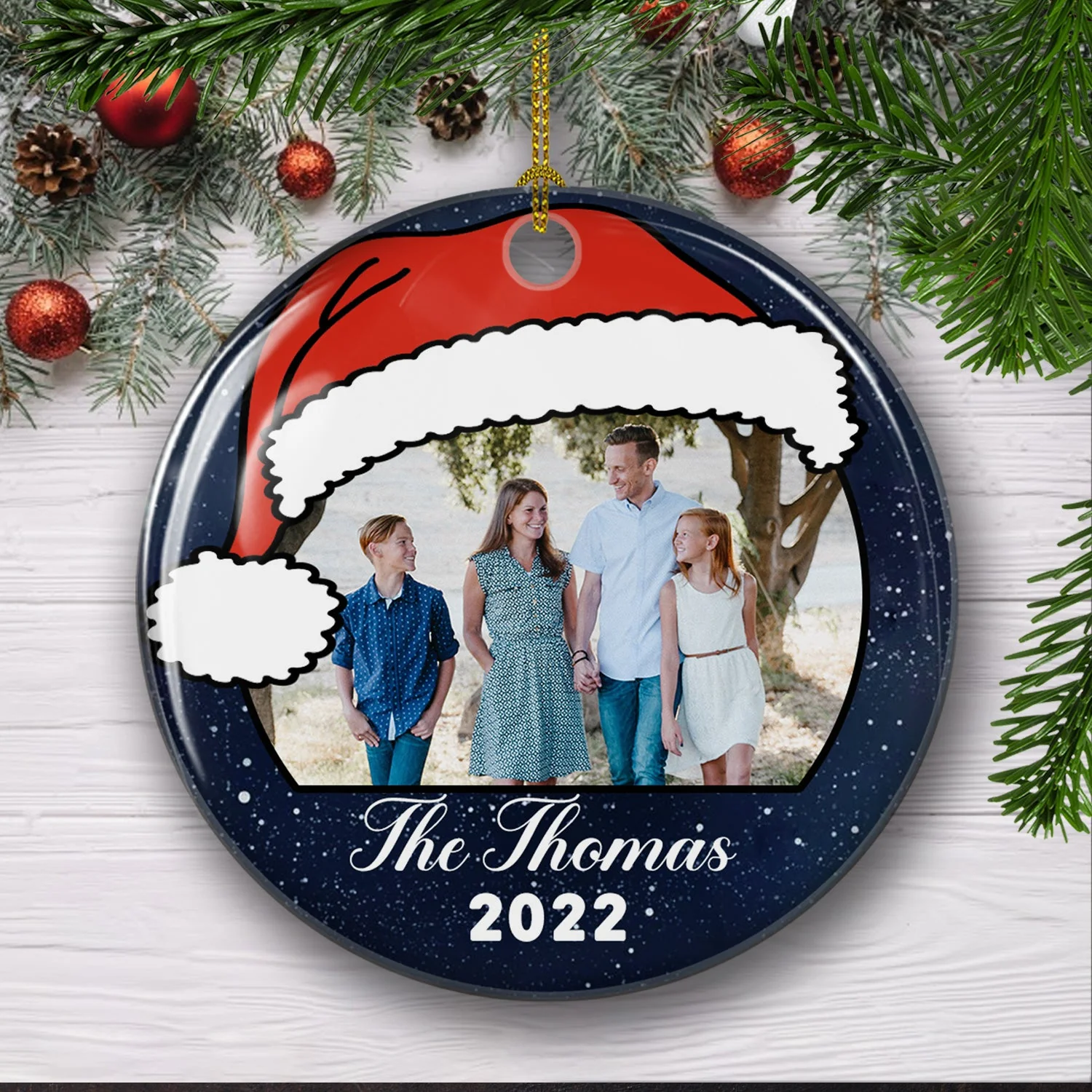 Family Christmas Hat - Personalized Custom Photo Circle Ceramic Ornament