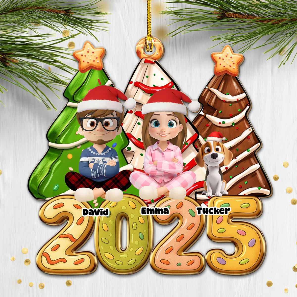Family Christmas Tree Cake - Personalized Custom 1-layered Wood Ornament - Image 3