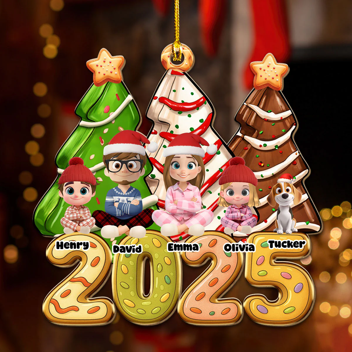 Family Christmas Tree Cake - Personalized Custom 1-layered Wood Ornament - Image 4