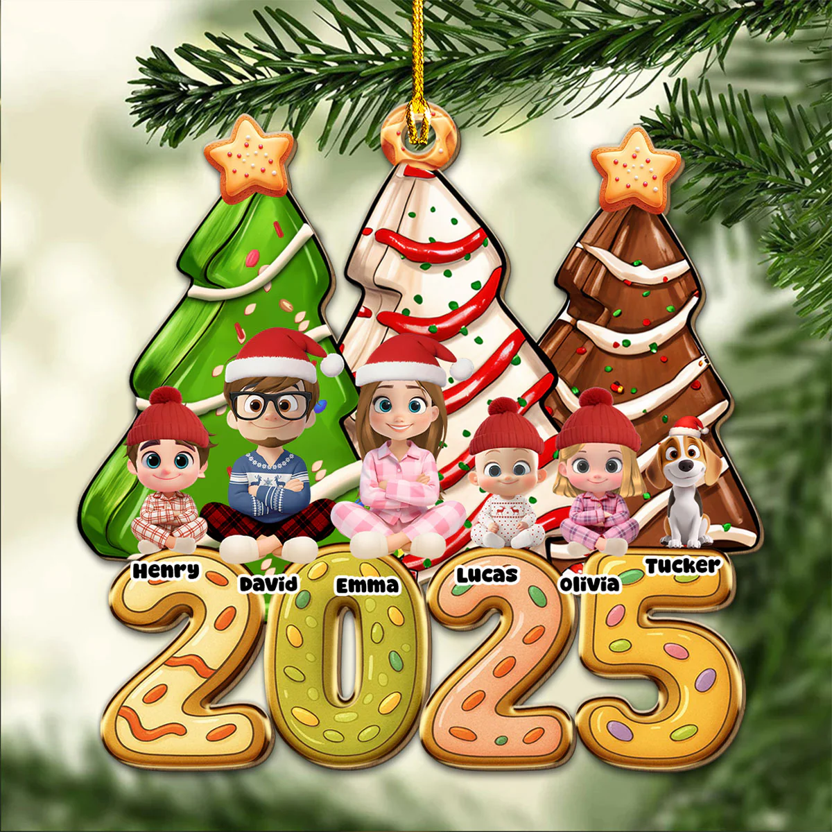 Family Christmas Tree Cake - Personalized Custom 1-layered Wood Ornament - Image 5