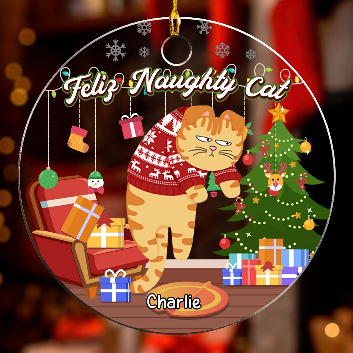 Feliz Naughty Cats - Personalized Custom Acrylic Ornament - Image 2