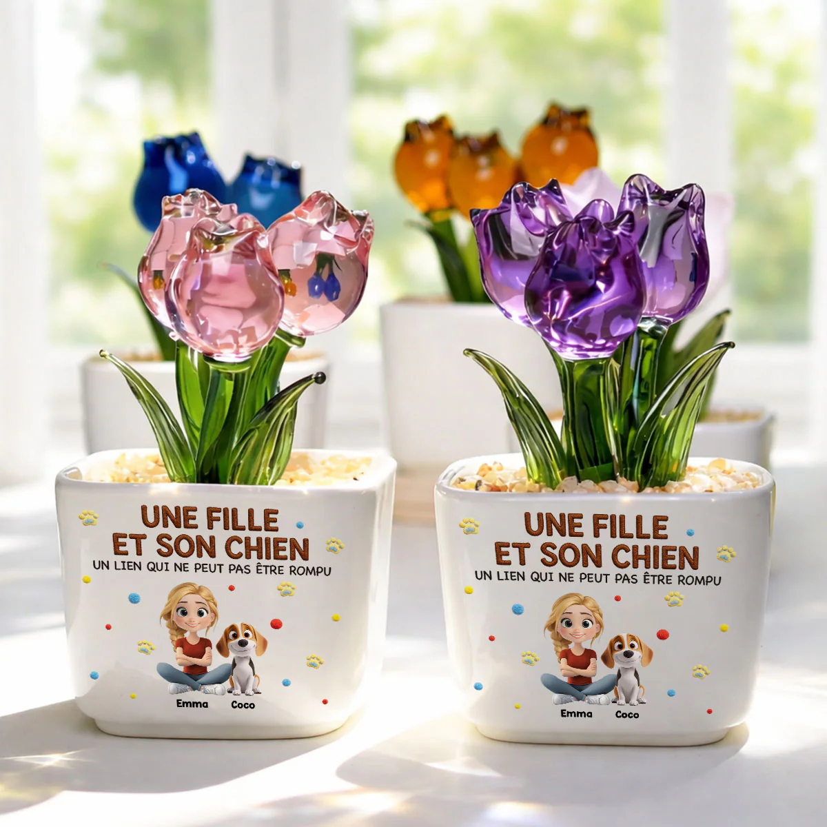 Fille Câline Et Ses Adorables Chiens - Tulipes Éternelles Personnalisées Avec Effet 3D En Verre - Image 2
