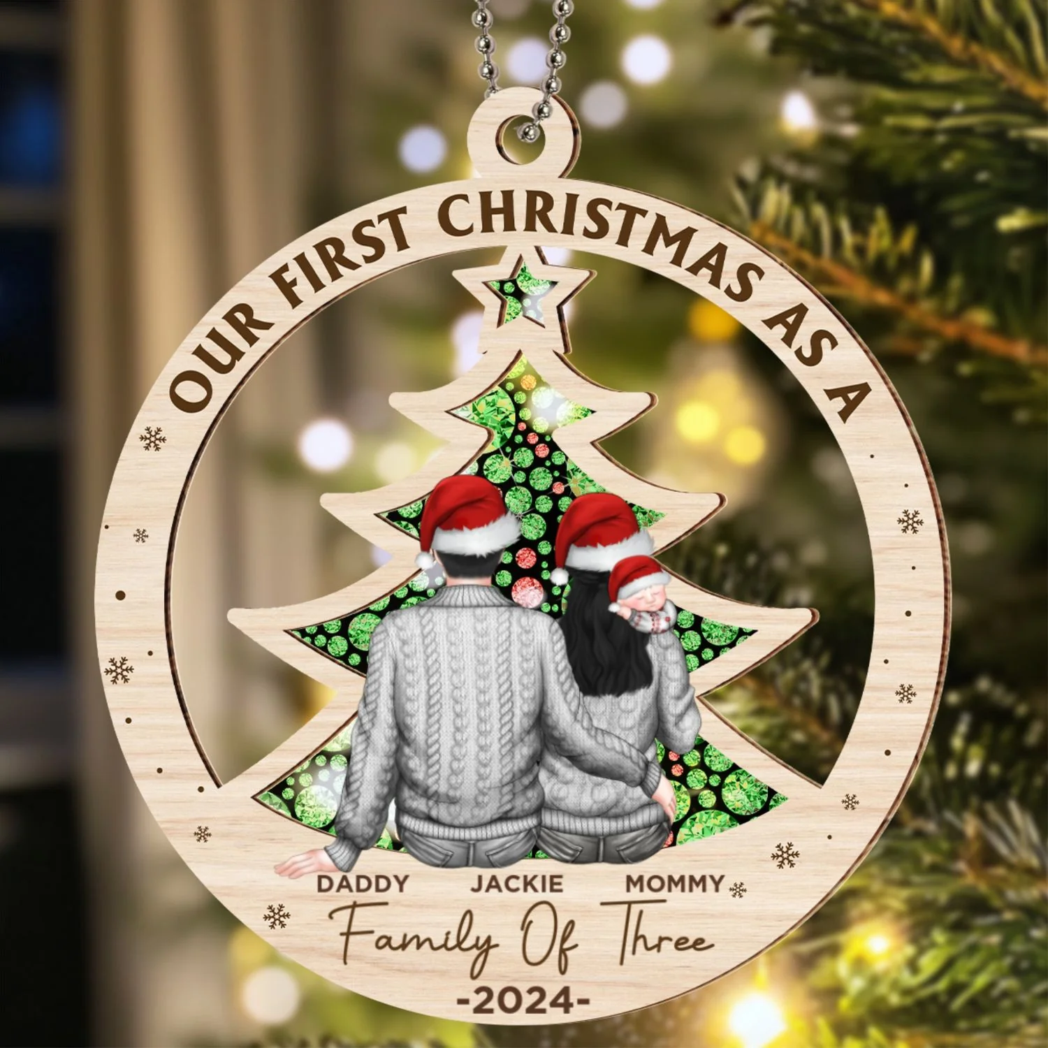 First Christmas As A Family Of Three New Parents - Personalized Custom Suncatcher Ornament - Image 6