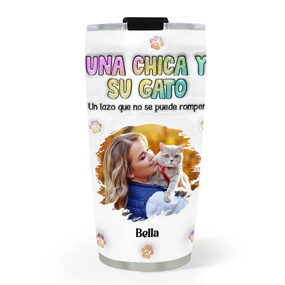 Foto de una chica y su gato – Vaso térmico personalizado con efecto 3D inflado