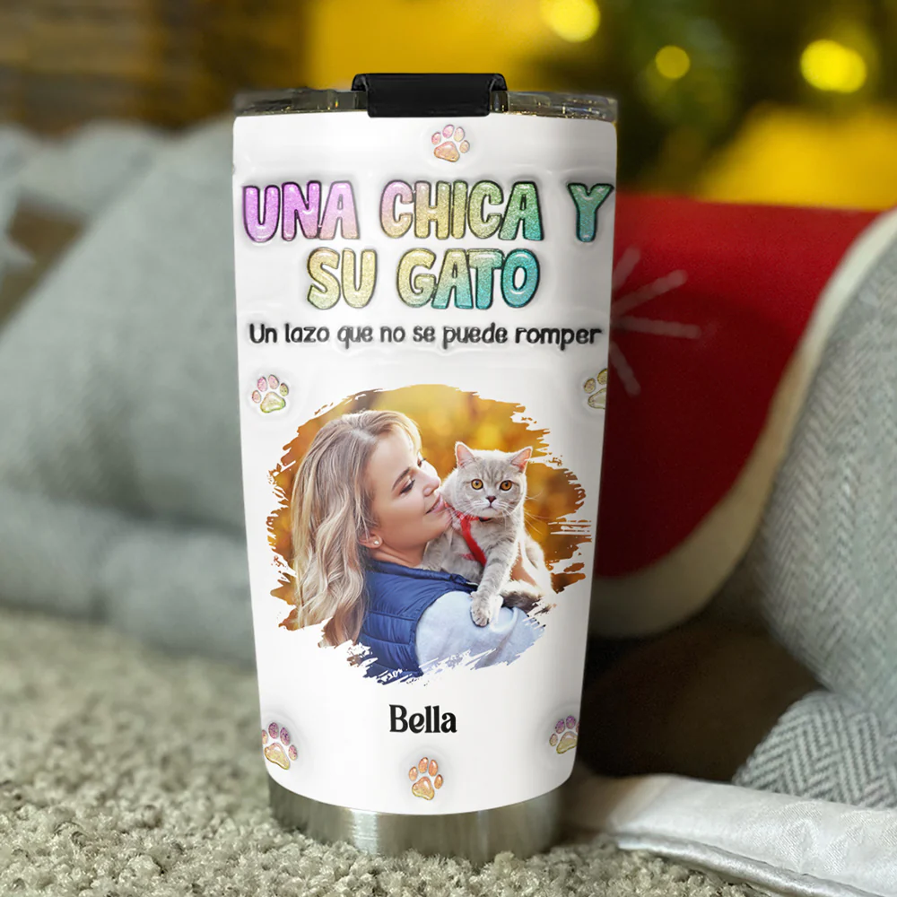 Foto de una chica y su gato – Vaso térmico personalizado con efecto 3D inflado - Image 3