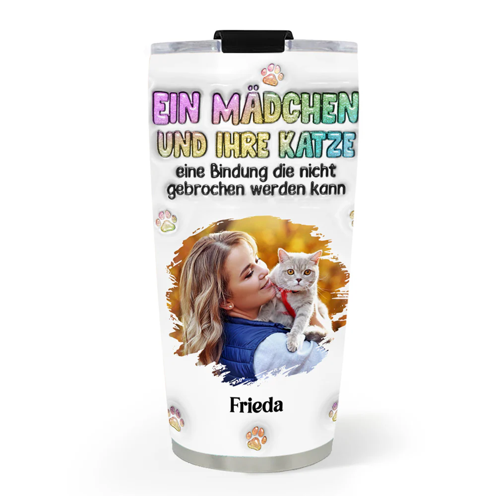 Foto von einem Mädchen und ihrer Katze – Personalisierter 3D-Thermobecher mit aufblasbarem Effekt
