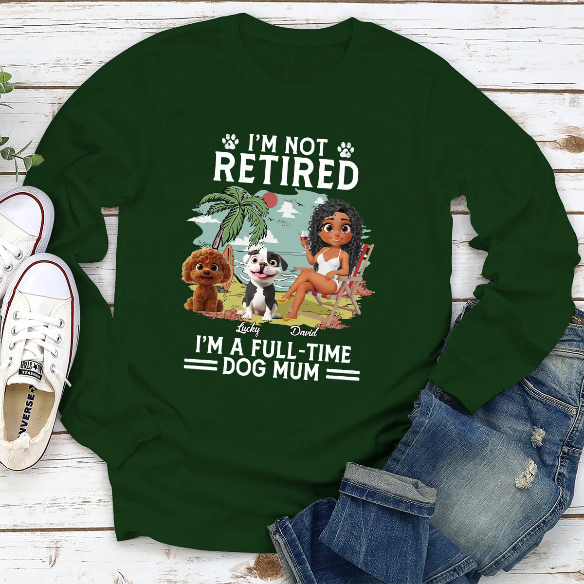 Full-Time Dog Mom Dad Cartoon Dark Version - Personalized Custom Long Sleeve T-Shirt - Image 2