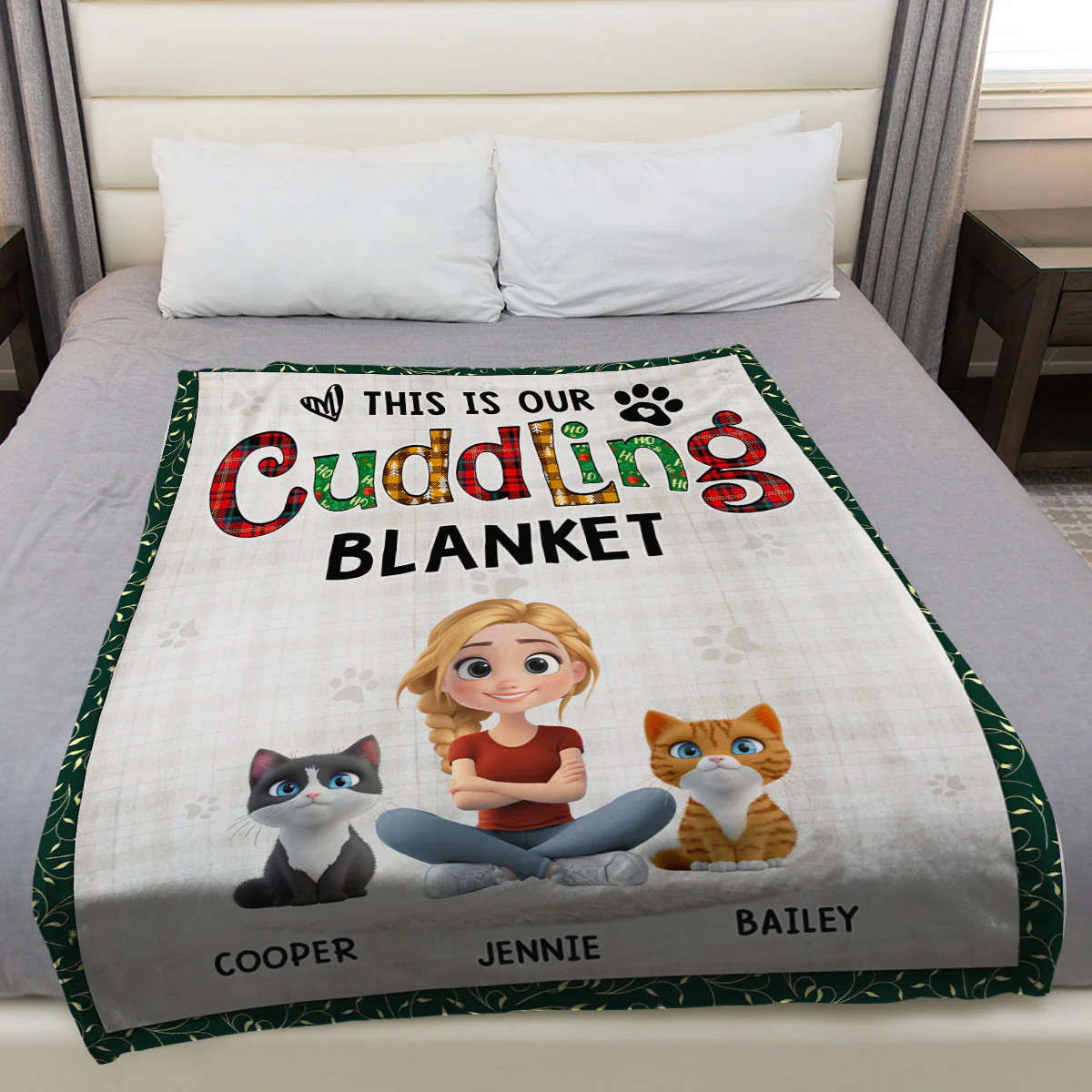 Funny Cuddle Human And Cat - Personalized Custom Fleece Blanket - Image 3