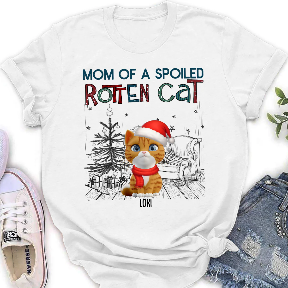 Funny Mom Dad Cat Christmas - Personalized Custom Women T-Shirt - Image 2