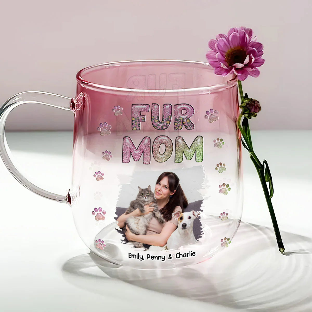 Fur Mom Lovely Chibi Photo - Personalized Custom Pink Gradient Glass Mug - Image 2