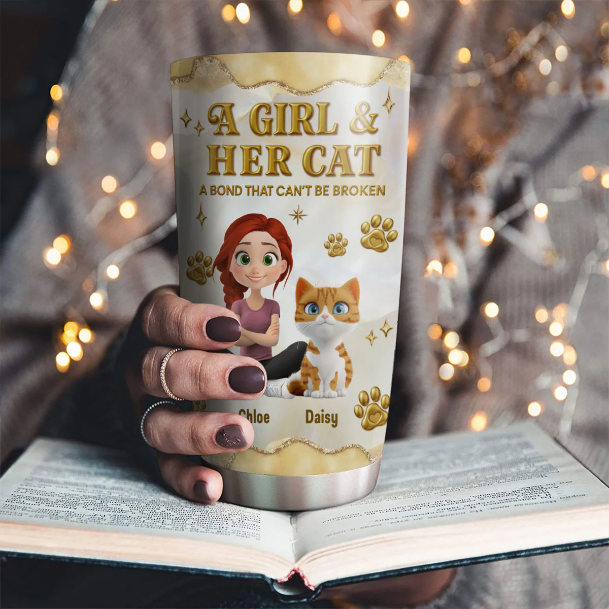 Girl And Cat Yellow - Personalized Custom 3D Effect Tumbler - Image 2