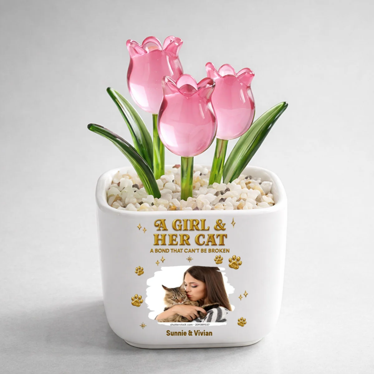 Girl And Cat Yellow Photo - Personalized Custom 3D Effect Glass Everlasting Tulips - Image 7