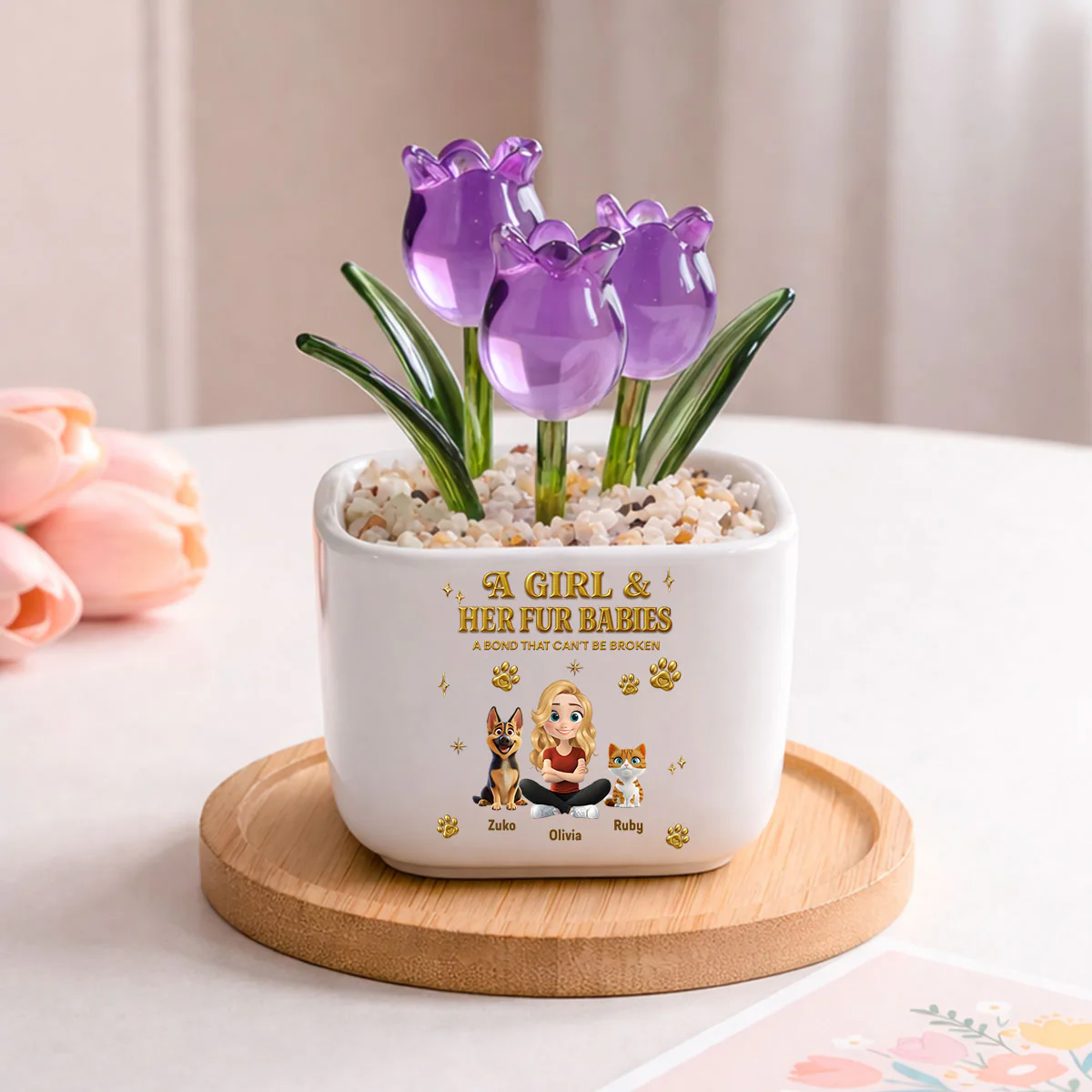 Girl And Fur Babie Yellow - Personalized Custom 3D Effect Glass Everlasting Tulips