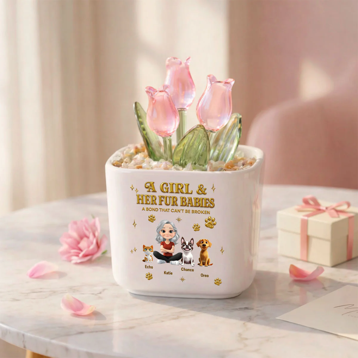 Girl And Fur Babie Yellow - Personalized Custom 3D Effect Glass Everlasting Tulips - Image 10