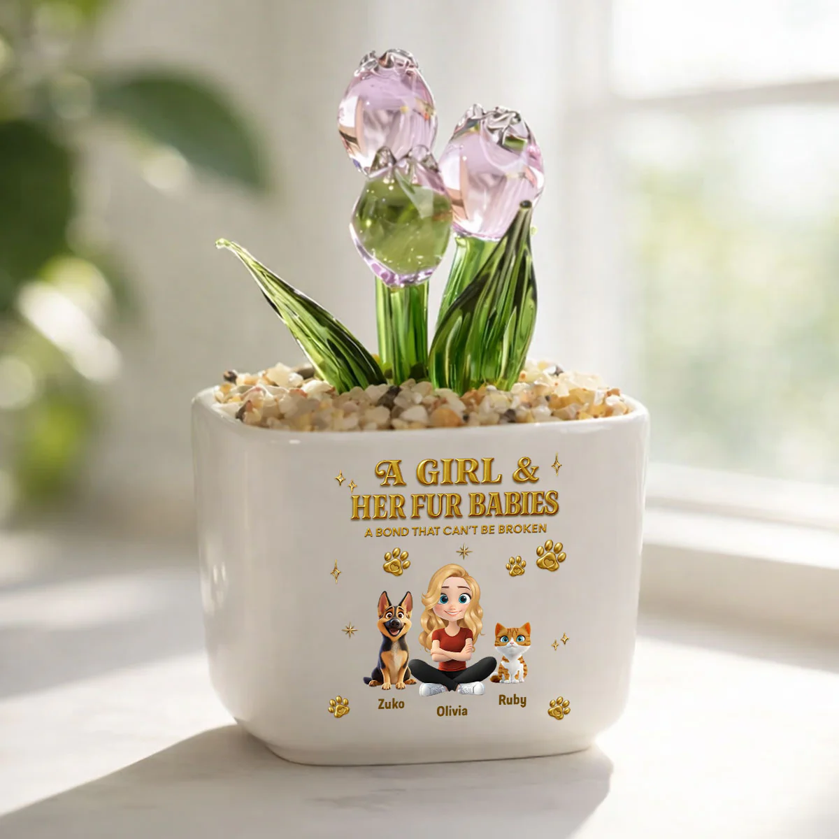 Girl And Fur Babie Yellow - Personalized Custom 3D Effect Glass Everlasting Tulips - Image 2