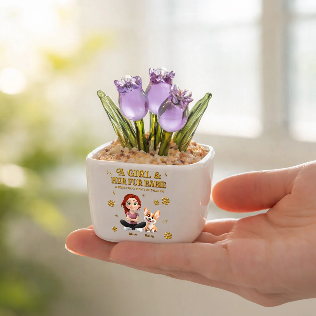 Girl And Fur Babie Yellow - Personalized Custom 3D Effect Glass Everlasting Tulips - Image 4