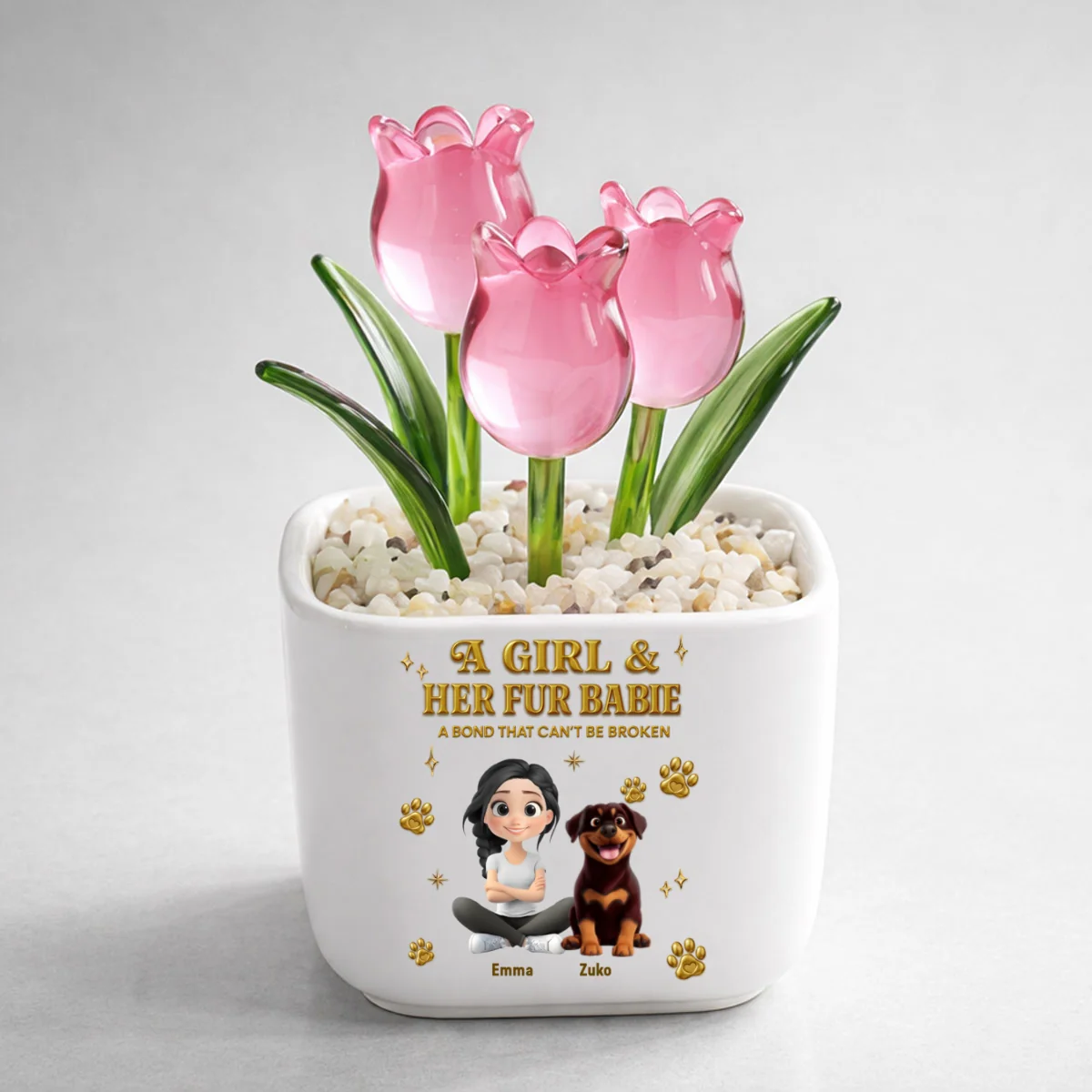 Girl And Fur Babie Yellow - Personalized Custom 3D Effect Glass Everlasting Tulips - Image 7