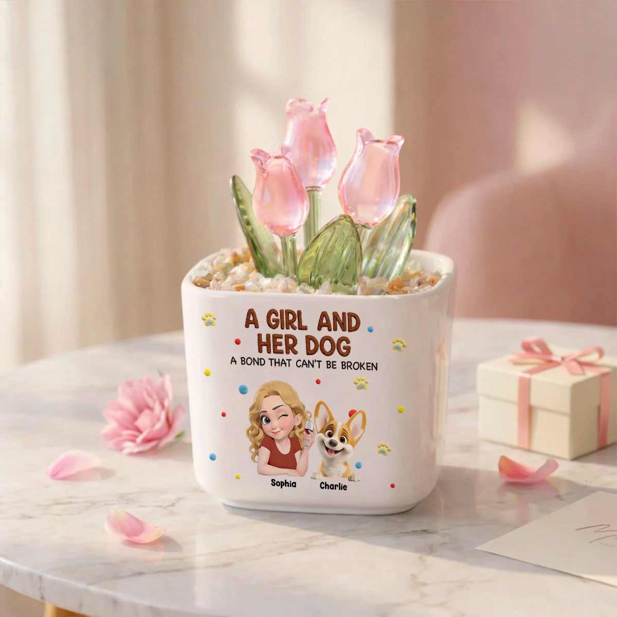 Girl And Her Lovely Dogs - Personalized Custom 3D Effect Glass Everlasting Tulips - Image 3