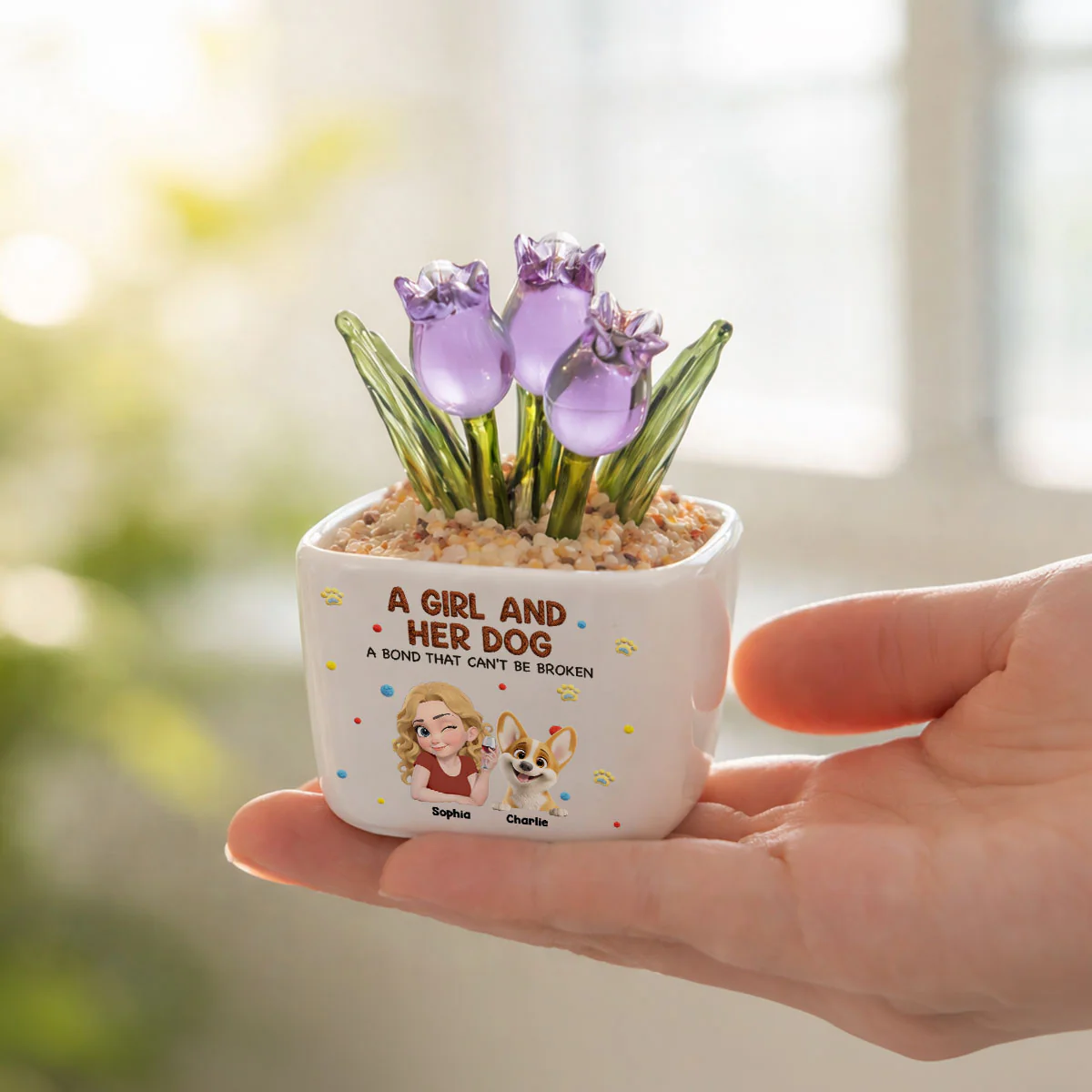 Girl And Her Lovely Dogs - Personalized Custom 3D Effect Glass Everlasting Tulips - Image 5
