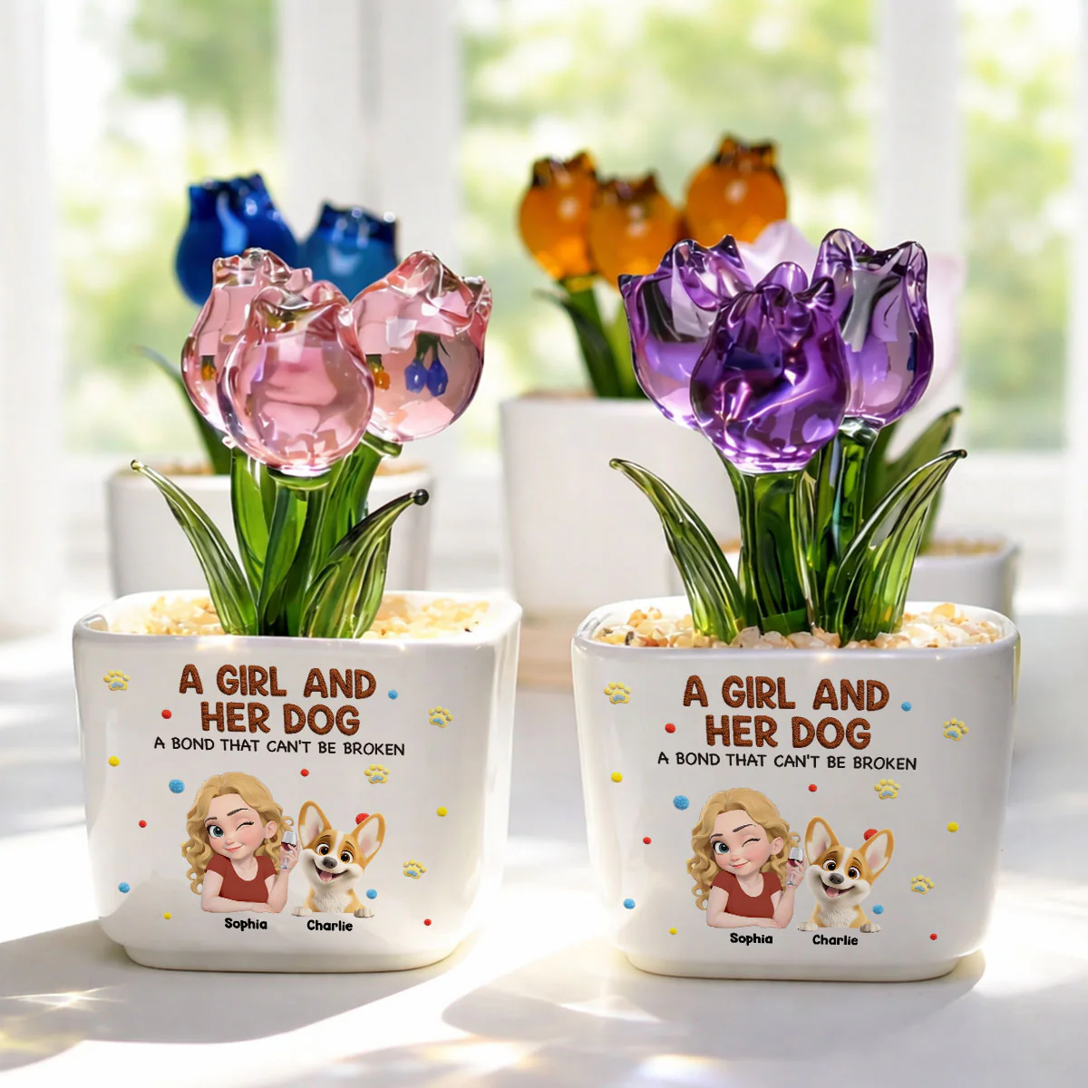 Girl And Her Lovely Dogs - Personalized Custom 3D Effect Glass Everlasting Tulips - Image 6