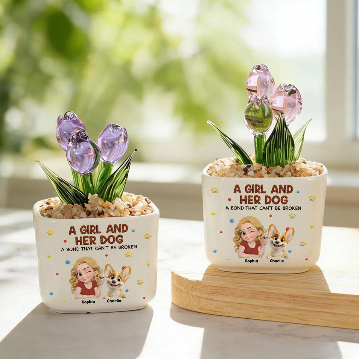 Girl And Her Lovely Dogs - Personalized Custom 3D Effect Glass Everlasting Tulips - Image 7